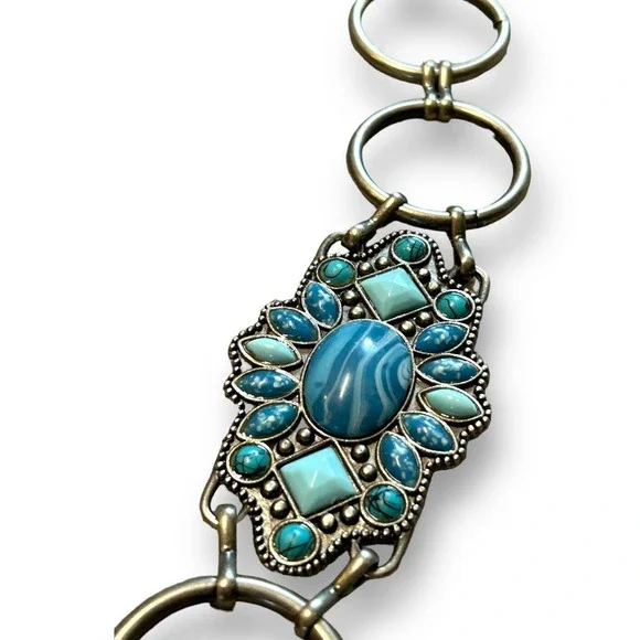 Southwest Faux Turquoise Stone and Metal Chain Belt Boho Western - Picture 3 of 6